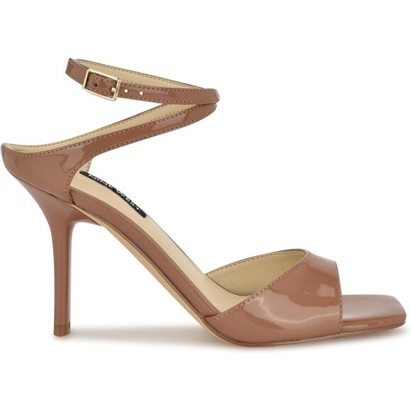Nine West Women Medium Natural Patent Faux Leather Open Squared Toe Heels Sandal - Picture 6 of 6
